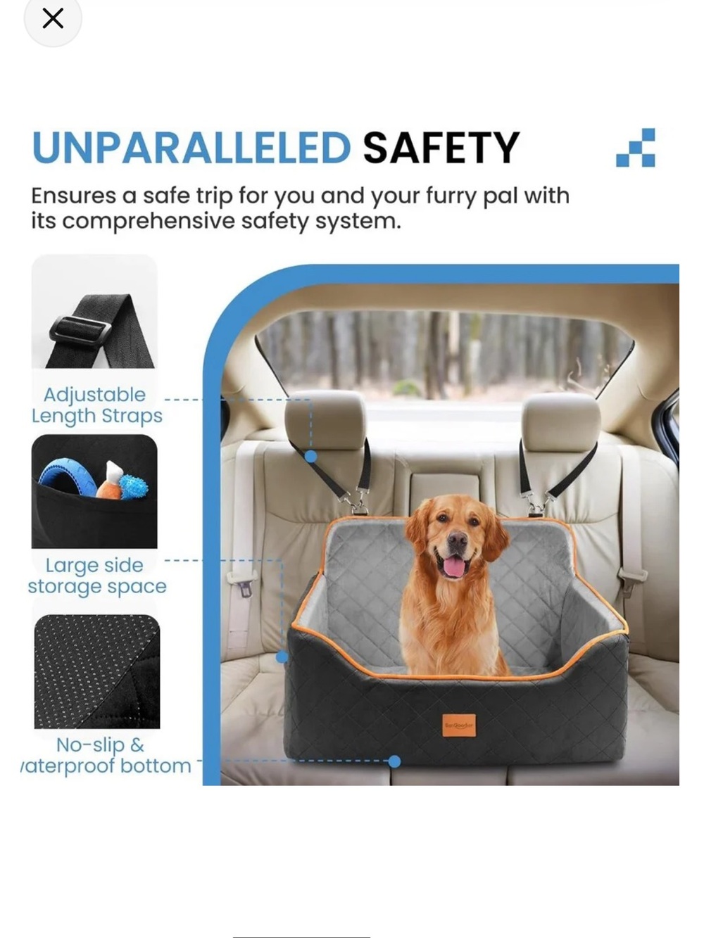 Pet Car Seat/Booster for 1 Medium Dog or 2 Small Dogs 55lbs (Black/Grey) NEW - Picture 4 of 10